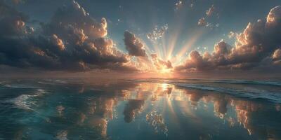 Sunrise over calm ocean waters with clouds and vibrant colors reflecting on the surface at dawn photo