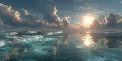 Sunrise over tranquil ocean waves with vibrant clouds reflecting the morning light photo