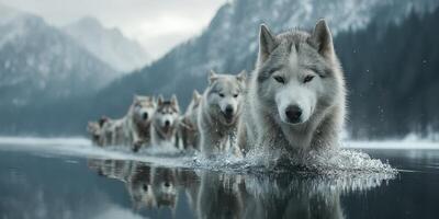 Huskies swimming through a serene lake in a mountainous landscape at dawn, showcasing a unique winter adventure experience photo