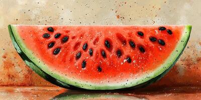 Freshly sliced watermelon on a rustic wooden table with a textured background during summer photo