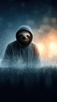 Sloth in a hooded sweatshirt sits quietly amidst a misty, glowing background during twilight hours photo