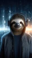 Sloth with headphones enjoying music in a cool urban setting at night photo
