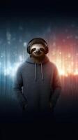 Sloth faced person enjoying music with headphones in a vibrant audio-themed background photo