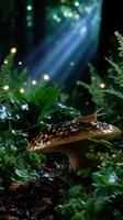 Snail explores vibrant mushroom in a mystical forest during twilight hours photo