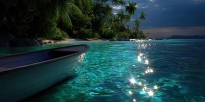 Serene boat anchored in calm turquoise water on a tropical night under a starry sky photo