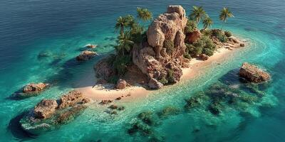 Lush tropical island surrounded by clear turquoise waters and rocky shores in the afternoon sun photo