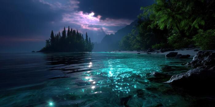 Calm night at a secluded beach with shimmering waters and a mysterious island under a starry sky photo