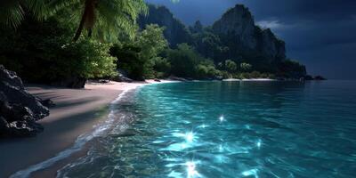 Tranquil beach at twilight with shimmering waves and lush greenery near rocky cliffs photo