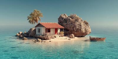 Secluded tropical island with a charming cottage, palm tree, and wooden boat near crystal clear waters photo