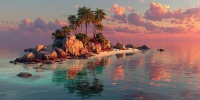 Sunset view of a tropical island with palm trees and calm water reflecting colorful clouds photo