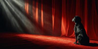 Dog sitting quietly in spotlight with red curtains in a darkened theater setting photo