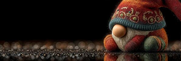 Decorative gnome figure resting on shiny surface with blurred lights in the background during the festive season photo