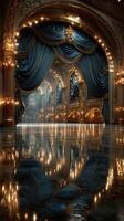 Elegant theater interior with ornate decorations and dramatic lighting on a polished floor photo