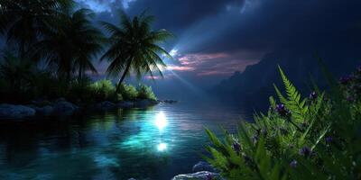 Tranquil night at a serene tropical lagoon with palm trees and shimmering water reflecting moonlight photo