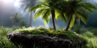 Lush tropical island with vibrant palm trees under soft sunlight in a serene natural setting photo