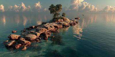 Serene coastal scene with rocky island and sailboat at sunset photo