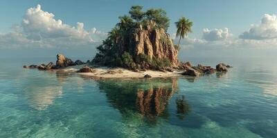 Secluded island with rocky outcrop, palm trees, and clear waters under cloudy sky at dawn photo