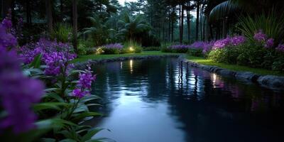 Tranquil evening scene by a serene pond surrounded by blooming purple orchids in a lush forest photo