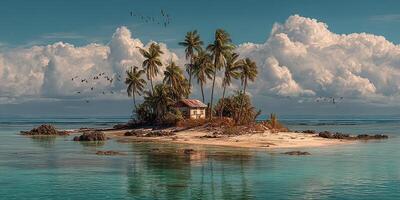 Remote island with a small house surrounded by palm trees and calm waters during a bright day with clouds overhead photo