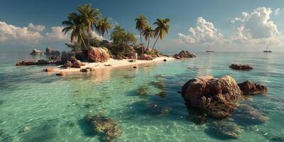 Serene tropical island with clear turquoise water and palm trees under a bright sky during midday photo