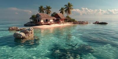 Cozy rustic house on a sandy beach surrounded by clear turquoise waters and palm trees on a sunny day photo