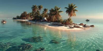 Tropical island paradise with clear waters and lush palm trees during golden hour in a serene coastal setting photo