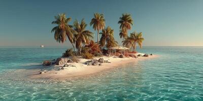 Deserted tropical island with palm trees and a thatched hut under clear blue sky photo
