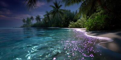 Serene tropical shoreline reflecting moonlight during the night with sparkling waters and lush palm trees photo