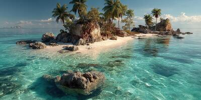 Tropical island with palm trees and clear water under a sunny sky in a serene landscape photo