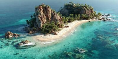Tropical paradise with crystal clear waters and lush greenery on a secluded island photo