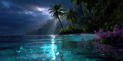 Tranquil night at a tropical beach with shimmering water and swaying palm trees under a starry sky photo