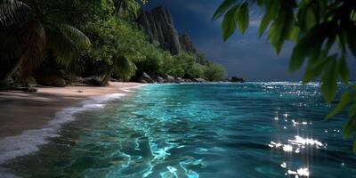 Bright moonlight illuminates a serene beach with sparkling waters and lush greenery at night photo