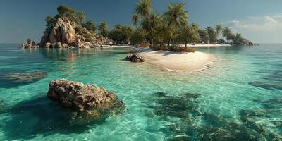 Tropical island paradise with clear turquoise waters and sandy beach during a sunny day photo