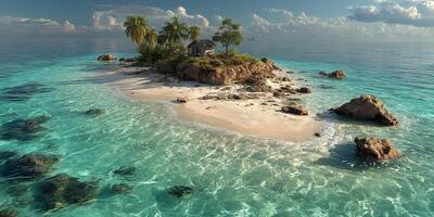 Crystal clear waters and tropical island with palm trees under a cloudy sky in a serene coastal setting photo