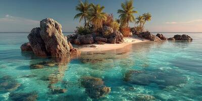 Beautiful tropical island with clear waters and palm trees under a clear sky photo
