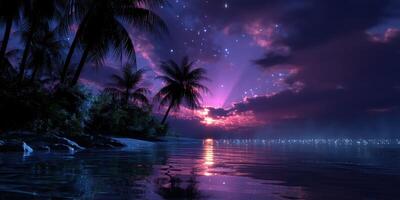 Colorful sunset over tranquil ocean with palm trees and stars in the sky on a serene tropical evening photo
