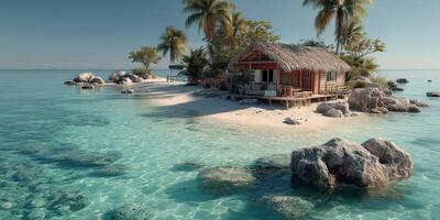 Tropical island retreat features a rustic hut surrounded by clear turquoise waters and lush palm trees on a sunny day photo