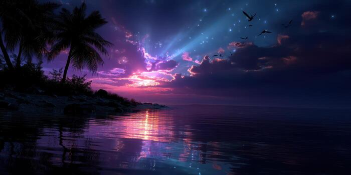 Vibrant sunset reflecting on calm water with palm trees under a starry sky at dusk photo