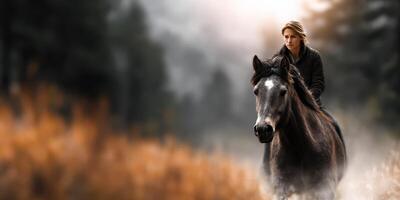 Woman riding a horse through a misty forest at dawn showcasing the beauty of nature and companionship photo