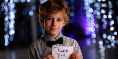 Young boy in formal attire holding a thank you note with festive lights in the background during a celebratory event photo