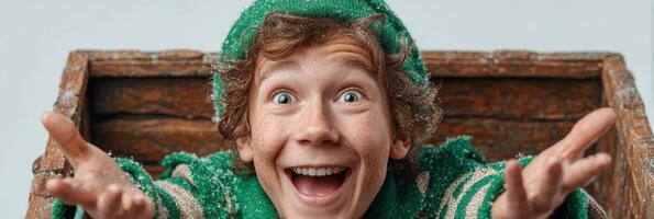 Joyful child in green costume expresses excitement during festive celebration at home photo