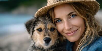 Woman smiles while holding her dog on a beach during sunset, creating a warm and joyous moment filled with love and companionship photo