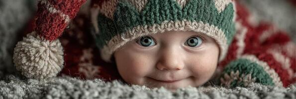Cute baby in colorful knitted hat and sweater, smiling warmly while lying on soft blanket at home during winter season photo