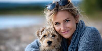 Woman enjoys a happy moment with her small dog by the lakeside during a sunny afternoon photo