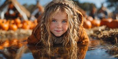 Child enjoying a pumpkin patch adventure while playing by reflective water on a sunny autumn day photo