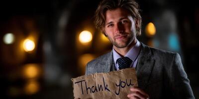 Man expressing gratitude in formal attire holds a handwritten thank you sign in a warmly lit urban setting in the evening photo