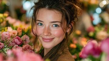 Young woman smiles among colorful flowers in a vibrant bloom shop during daytime warmth photo
