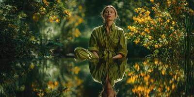 Calm meditation by the water surrounded by vibrant flowers in a serene forest setting photo