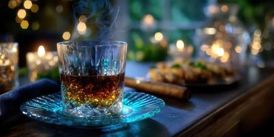 Whiskey glass with smoke on a dimly lit table during a cozy evening gathering photo