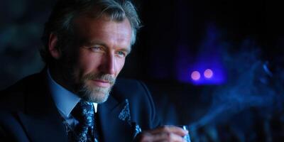 Midnight setting features a well-dressed man relaxing with a drink, lost in thought as smoke swirls around him photo